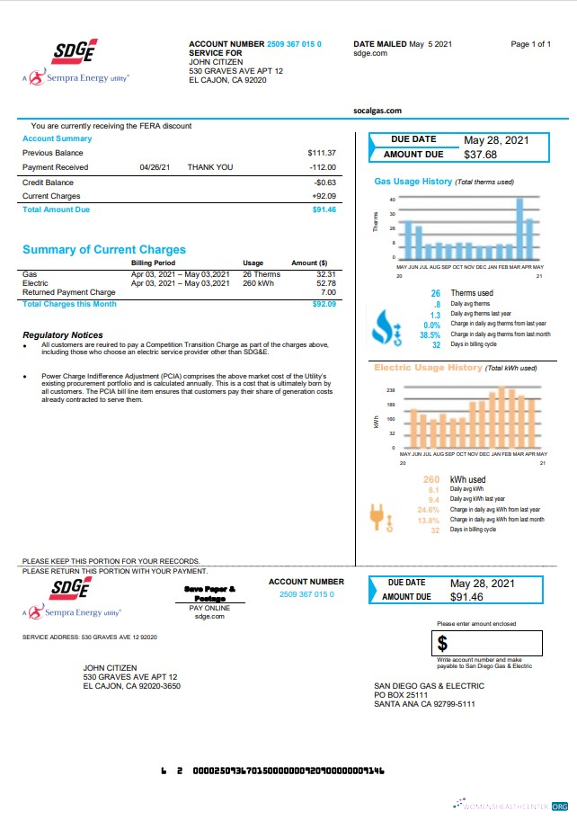 download USA California San Diego Gas & Electric (SDG&E) utility bill template in Word and PDF format PDF template